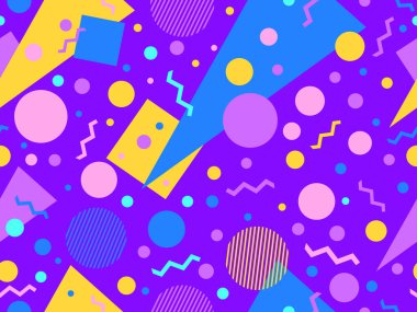 Memphis seamless pattern with geometric shapes in 80s style. Colorful geometric shapes on a violet background. Design of promotional products, wrapping paper and printing. Vector illustration