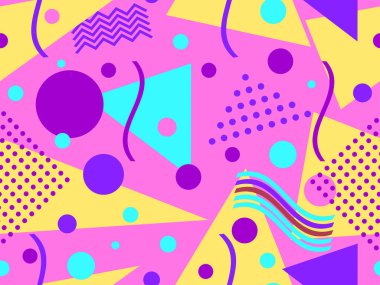 80 'lerin tarzında, geometrik şekilli, kusursuz Memphis deseni. Renkli geometrik desen. Promosyon ürünleri tasarımı, ambalaj kağıdı ve baskı. Vektör illüstrasyonu