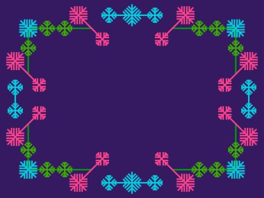 Renkli kar taneleri olan bir Noel çerçevesi. Sanat tarzında Art deco çerçeve. Klasik doğrusal sınır. Davetiyeler, broşürler ve tebrik kartları için bir şablon tasarla. Vektör illüstrasyonu