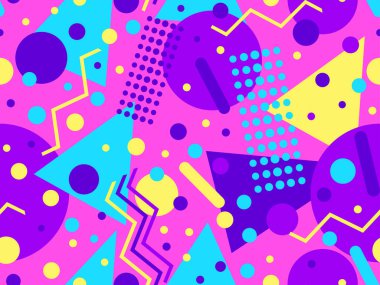 80 'lerin tarzında, geometrik şekilli, kusursuz Memphis deseni. Renkli geometrik desen. Promosyon ürünleri tasarımı, ambalaj kağıdı ve baskı. Vektör illüstrasyonu