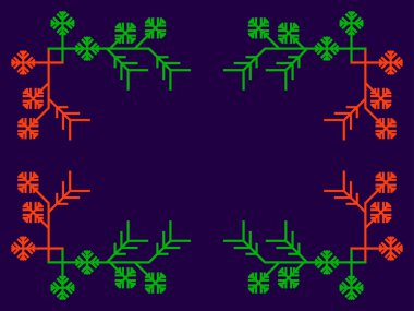 Kar taneleri, kırmızı ve yeşil renkli Noel çerçevesi. Sanat tarzında Art deco çerçeve. Klasik doğrusal sınır. Davetiyeler, broşürler ve tebrik kartları için bir şablon tasarla. Vektör illüstrasyonu
