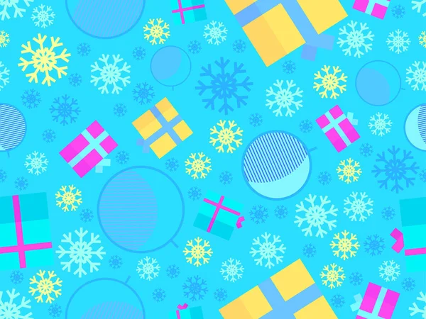 クリスマスボール 雪の結晶 3Dギフトボックスとクリスマスシームレスなパターン メンフィス幾何学的なスタイルのクリスマスパターン 印刷やバナーのためのクリスマスデザイン ベクターイラスト — ストックベクタ