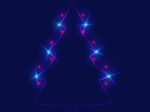 圣诞树激光轮廓 上世纪80年代风格的圣诞树 发光的霓虹灯效果 闪闪发光的圣诞树灯 用于海报 邀请函和横幅的圣诞设计 矢量说明 — 图库矢量图片