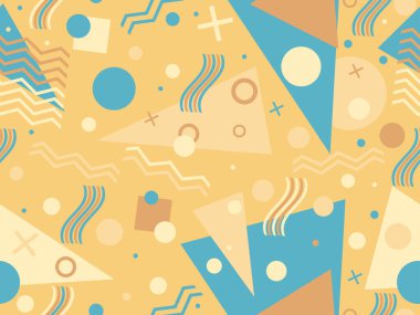 80 'lerin memphis tarzında geometrik kusursuz desen. Geometrik şekilli renkli bir arka plan. Promosyon ürünleri, ambalaj kağıdı, broşür ve baskı için tasarım. Vektör illüstrasyonu