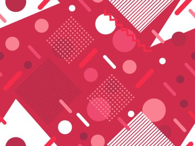 80 'lerin tarzında, geometrik şekilli, kusursuz Memphis deseni. Renkli geometrik desen. Promosyon ürünleri tasarımı, ambalaj kağıdı ve baskı. Vektör illüstrasyonu