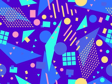 Memphis seamless pattern with geometric shapes in 80s style. Colorful geometric shapes on a blue background. Design of promotional products, wrapping paper and printing. Vector illustration
