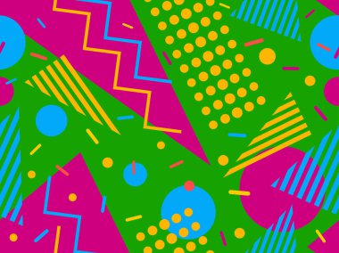 80 'lerin memphis tarzında geometrik kusursuz desen. Geometrik şekilli renkli bir arka plan. Promosyon ürünleri, ambalaj kağıdı, broşür ve baskı için tasarım. Vektör illüstrasyonu