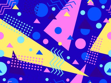 80 'lerin memphis tarzında geometrik kusursuz desen. Geometrik şekilli renkli bir arka plan. Promosyon ürünleri, ambalaj kağıdı, broşür ve baskı için tasarım. Vektör illüstrasyonu