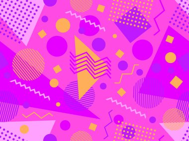 80 'lerin tarzında Memphis elementleriyle geometrik kusursuz desen. Renkli geometrik desen. Promosyon ürünleri tasarımı, ambalaj kağıdı ve baskı. Vektör illüstrasyonu