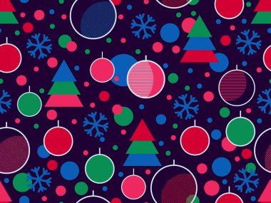 Kusursuz bir Noel deseni. 80 'lerin tarzında doğrusal Noel topları, kar taneleri ve üçgenlerden yapılmış geometrik Noel ağaçları. Vektör illüstrasyonu
