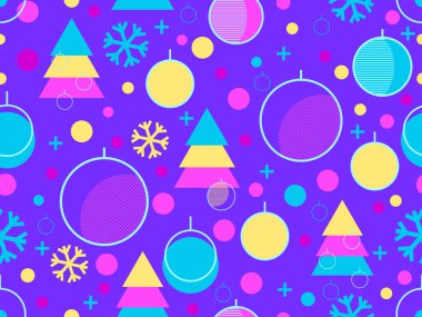 Kusursuz bir Noel deseni. 80 'lerin tarzında doğrusal Noel topları, kar taneleri ve üçgenlerden yapılmış geometrik Noel ağaçları. Vektör illüstrasyonu