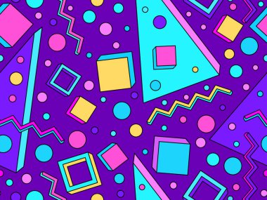 80 'lerin tarzında Memphis elementleriyle geometrik kusursuz desen. Felçli 3 boyutlu geometrik şekiller. Renkli bir geçmiş. Promosyon ürünleri tasarımı, ambalaj kağıdı ve baskı. Vektör illüstrasyonu