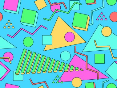 80 'lerin tarzında Memphis elementleriyle geometrik kusursuz desen. Felçli 3 boyutlu geometrik şekiller. Renkli bir geçmiş. Promosyon ürünleri tasarımı, ambalaj kağıdı ve baskı. Vektör illüstrasyonu