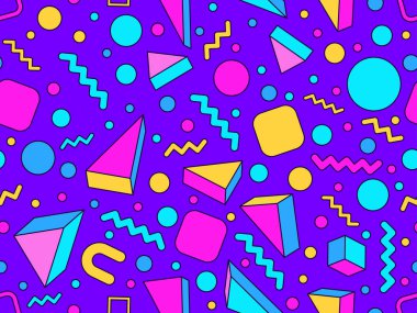 80 'lerin tarzında Memphis elementleriyle geometrik kusursuz desen. Felçli 3 boyutlu geometrik şekiller. Renkli bir geçmiş. Promosyon ürünleri tasarımı, ambalaj kağıdı ve baskı. Vektör illüstrasyonu