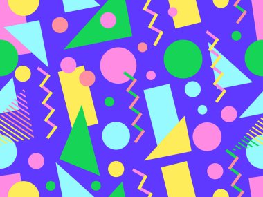 80 'lerin memphis tarzında geometrik şekilli kusursuz desen. Renkli geometrik desen. Promosyon ürünleri, ambalaj kağıdı, broşür ve baskı için tasarım. Vektör illüstrasyonu