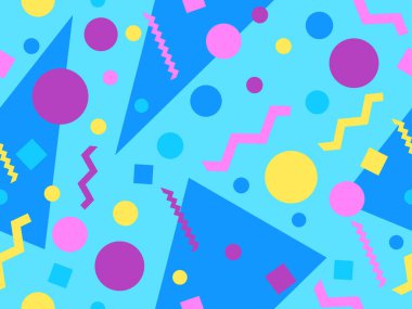 80 'lerin memphis tarzında geometrik şekilli kusursuz desen. Renkli geometrik desen. Promosyon ürünleri, ambalaj kağıdı, broşür ve baskı için tasarım. Vektör illüstrasyonu