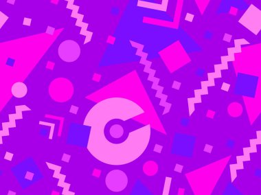 80 'lerin memphis tarzında geometrik şekilli kusursuz desen. Renkli geometrik desen. Promosyon ürünleri, ambalaj kağıdı, broşür ve baskı için tasarım. Vektör illüstrasyonu