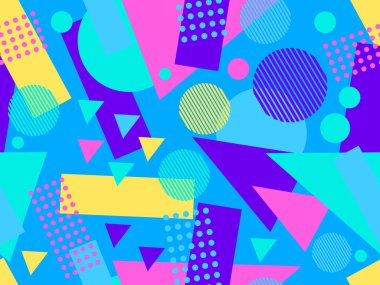 80 'lerin memphis tarzında geometrik şekilli kusursuz desen. Renkli geometrik desen. Promosyon ürünleri, ambalaj kağıdı, broşür ve baskı için tasarım. Vektör illüstrasyonu