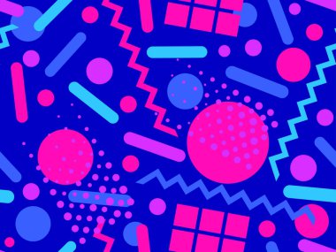 80 'lerin memphis tarzında geometrik şekilli kusursuz desen. Renkli geometrik desen. Promosyon ürünleri, ambalaj kağıdı, broşür ve baskı için tasarım. Vektör illüstrasyonu