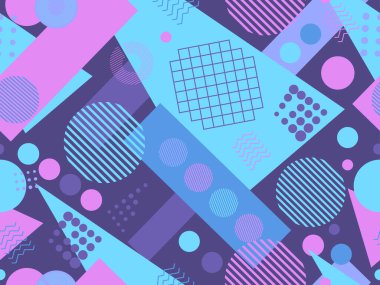 80 'lerin memphis tarzında geometrik şekilli kusursuz desen. Renkli geometrik desen. Promosyon ürünleri, ambalaj kağıdı, broşür ve baskı için tasarım. Vektör illüstrasyonu