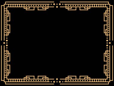 Art deco çerçeve. Klasik doğrusal sınır. Davetiyeler, broşürler ve tebrik kartları için bir şablon tasarla. Geometrik altın çerçeveli. 1920 'lerin tarzı - 1930' lar. Vektör illüstrasyonu