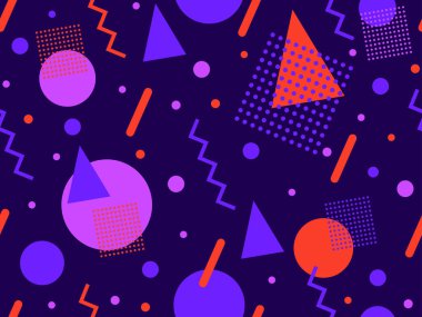 80 'lerin memphis tarzında geometrik şekilli kusursuz desen. Renkli geometrik desen. Promosyon ürünleri, ambalaj kağıdı, broşür ve baskı için tasarım. Vektör illüstrasyonu