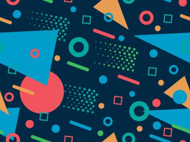 80 'lerin memphis tarzında geometrik şekilli kusursuz desen. Renkli geometrik desen. Promosyon ürünleri, ambalaj kağıdı, broşür ve baskı için tasarım. Vektör illüstrasyonu