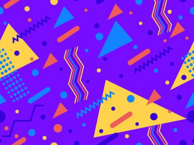 80 'lerin memphis tarzında geometrik şekilli kusursuz desen. Renkli geometrik desen. Promosyon ürünleri, ambalaj kağıdı, broşür ve baskı için tasarım. Vektör illüstrasyonu