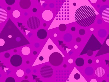 80 'lerin memphis tarzında geometrik şekilli kusursuz desen. Renkli geometrik desen. Promosyon ürünleri, ambalaj kağıdı, broşür ve baskı için tasarım. Vektör illüstrasyonu