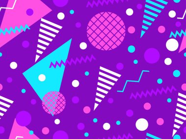 80 'lerin memphis tarzında geometrik şekilli kusursuz desen. Renkli geometrik desen. Promosyon ürünleri, ambalaj kağıdı, broşür ve baskı için tasarım. Vektör illüstrasyonu