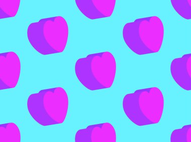 3D kalpler pürüzsüz desen. Sevgililer Günün kutlu olsun. Tebrik kartı, ambalaj kağıdı, promosyon malzemeleri ve davetiyeler için izometrik kalplerle donatılmış bir arka plan. Vektör illüstrasyonu