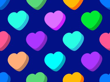 3D kalpler pürüzsüz desen. Sevgililer Günün kutlu olsun. Tebrik kartı, ambalaj kağıdı, promosyon malzemeleri ve davetiyeler için izometrik kalplerle donatılmış bir arka plan. Vektör illüstrasyonu