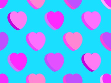 3D kalpler pürüzsüz desen. Sevgililer Günün kutlu olsun. Tebrik kartı, ambalaj kağıdı, promosyon malzemeleri ve davetiyeler için izometrik kalplerle donatılmış bir arka plan. Vektör illüstrasyonu