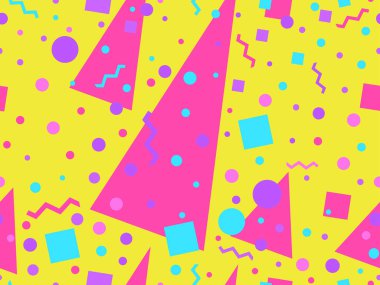 80 'lerin memphis tarzında geometrik şekilli kusursuz desen. Renkli geometrik desen. Promosyon ürünleri, ambalaj kağıdı, broşür ve baskı için tasarım. Vektör illüstrasyonu