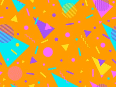 80 'lerin memphis tarzında geometrik şekilli kusursuz desen. Renkli geometrik desen. Promosyon ürünleri, ambalaj kağıdı, broşür ve baskı için tasarım. Vektör illüstrasyonu