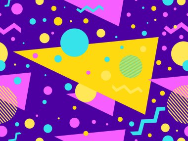 80 'lerin memphis tarzında geometrik şekilli kusursuz desen. Renkli geometrik desen. Promosyon ürünleri, ambalaj kağıdı, broşür ve baskı için tasarım. Vektör illüstrasyonu