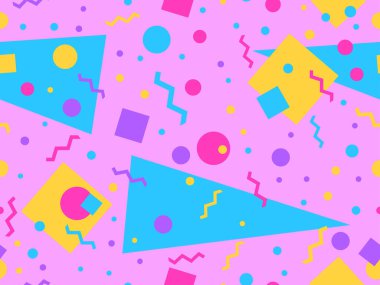 80 'lerin memphis tarzında geometrik şekilli kusursuz desen. Renkli geometrik desen. Promosyon ürünleri, ambalaj kağıdı, broşür ve baskı için tasarım. Vektör illüstrasyonu