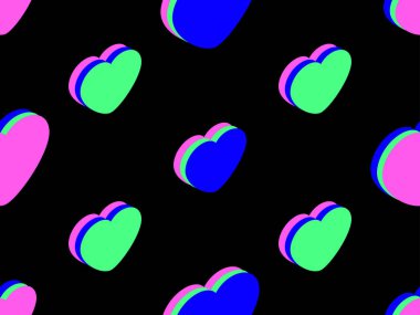 3D kalpler pürüzsüz desen. Sevgililer Günün kutlu olsun. Tebrik kartı, ambalaj kağıdı, promosyon malzemeleri ve davetiyeler için izometrik kalplerle donatılmış bir arka plan. Vektör illüstrasyonu