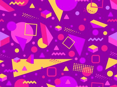 Geometric seamless pattern in 80s memphis style with 3D shapes. Three-dimensional triangles. Design of promotional products, wrapping paper and printing. Vector illustration