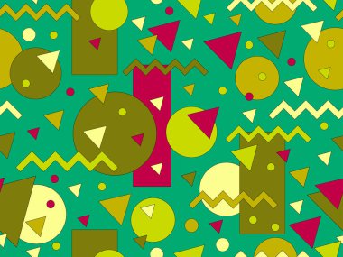 80 'lerin tarzında Memphis elementleriyle geometrik kusursuz desen. Felçli 3 boyutlu geometrik şekiller. Renkli bir geçmiş. Promosyon ürünleri tasarımı, ambalaj kağıdı ve baskı. Vektör illüstrasyonu