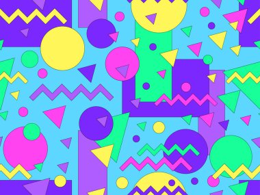 80 'lerin tarzında Memphis elementleriyle geometrik kusursuz desen. Felçli 3 boyutlu geometrik şekiller. Renkli bir geçmiş. Promosyon ürünleri tasarımı, ambalaj kağıdı ve baskı. Vektör illüstrasyonu