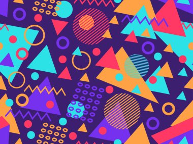 80 'lerin memphis tarzında geometrik şekilli kusursuz desen. Renkli geometrik desen. Promosyon ürünleri, ambalaj kağıdı, broşür ve baskı için tasarım. Vektör illüstrasyonu