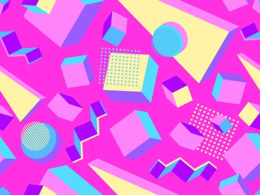 Memphis seamless pattern with 3d shapes in 80s memphis style. Isometric geometric shapes. Colorful background design for promotional products, wrapping paper and printing. Vector illustration