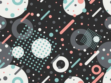 80 'lerin memphis tarzında geometrik şekilli kusursuz desen. Renkli geometrik desen. Promosyon ürünleri, ambalaj kağıdı, broşür ve baskı için tasarım. Vektör illüstrasyonu