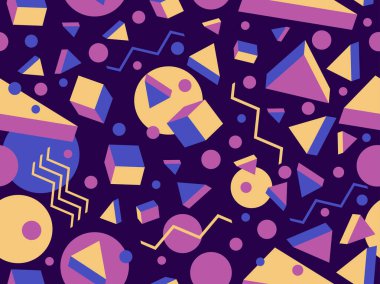 Memphis seamless pattern with 3d shapes in 80s memphis style. Isometric geometric shapes. Colorful background design for promotional products, wrapping paper and printing. Vector illustration