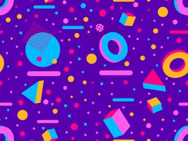 Memphis seamless pattern with 3d shapes in 80s memphis style. Isometric geometric shapes. Colorful background design for promotional products, wrapping paper and printing. Vector illustration