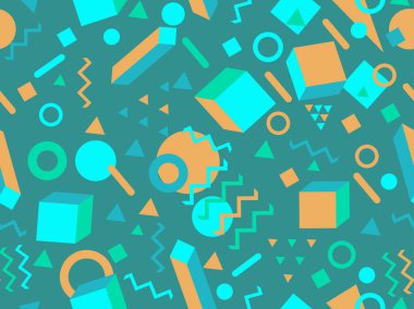 Memphis seamless pattern with 3d shapes in 80s style. Isometric geometric shapes. Colorful background design for promotional products, wrapping paper and printing. Vector illustration