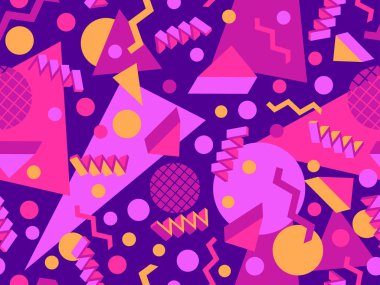 Memphis 'in 80' ler tarzında 3 boyutlu kusursuz desenleri var. Retro renk paletinde Isome geometrik şekiller. Promosyon ürünleri, ambalaj kağıdı ve baskı için arka plan tasarımı. Vektör illüstrasyonu