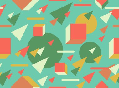 Memphis 'in 80' ler tarzında 3 boyutlu kusursuz desenleri var. Retro renk paletinde Isome geometrik şekiller. Promosyon ürünleri, ambalaj kağıdı ve baskı için arka plan tasarımı. Vektör illüstrasyonu