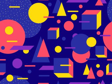 Memphis 'in 80' ler tarzında 3 boyutlu kusursuz desenleri var. Retro renk paletinde Isome geometrik şekiller. Promosyon ürünleri, ambalaj kağıdı ve baskı için arka plan tasarımı. Vektör illüstrasyonu